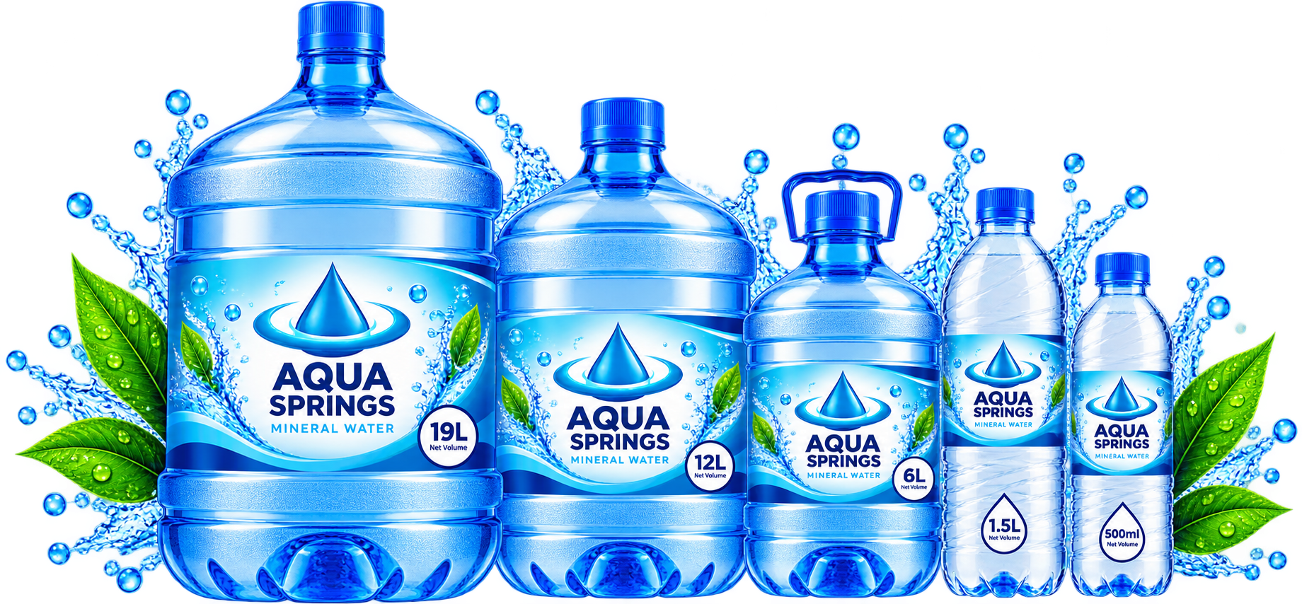 Aqua Springs water bottles - 19L, 12L, 6L, 1.5L, 500ml